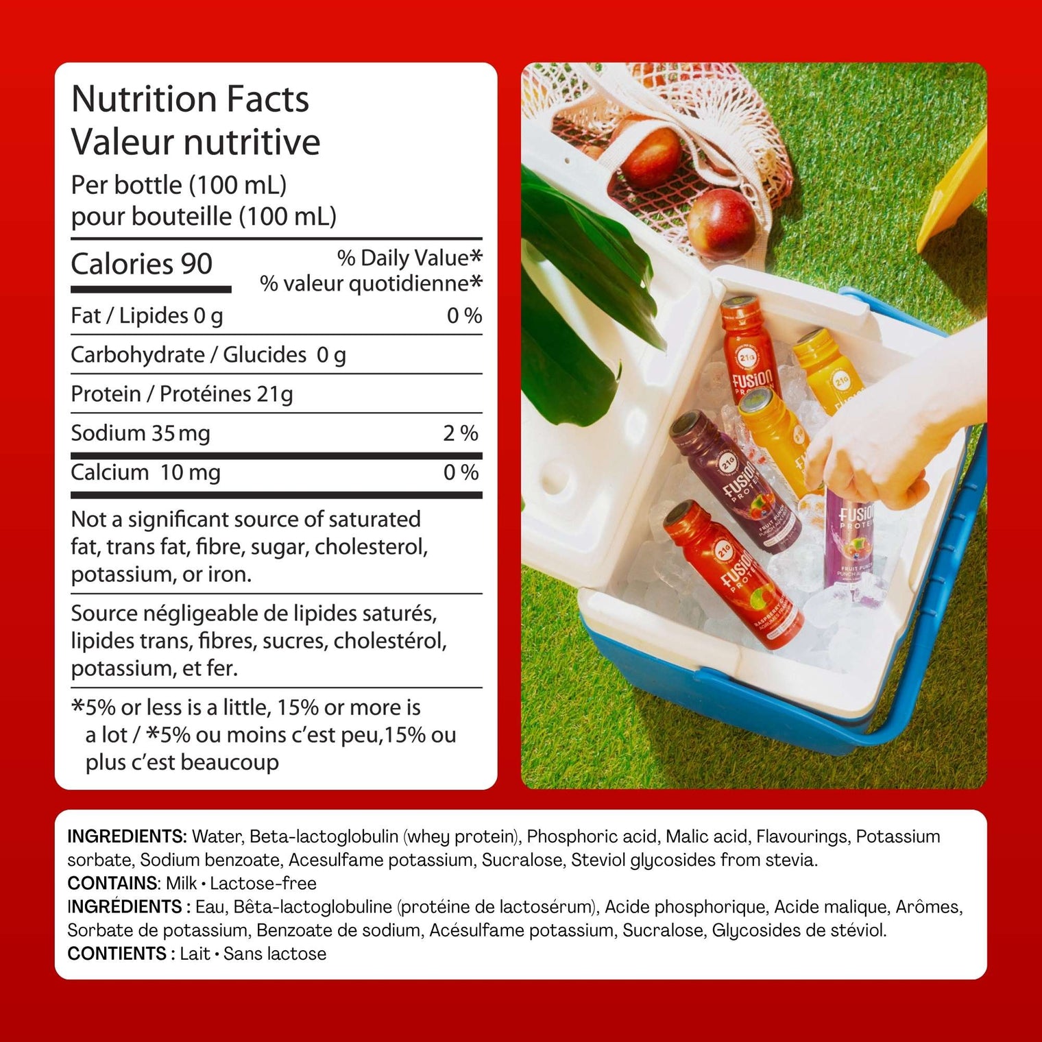 Nutrition facts and ingredients panel for Fusion Protein Raspberry Citrus shot