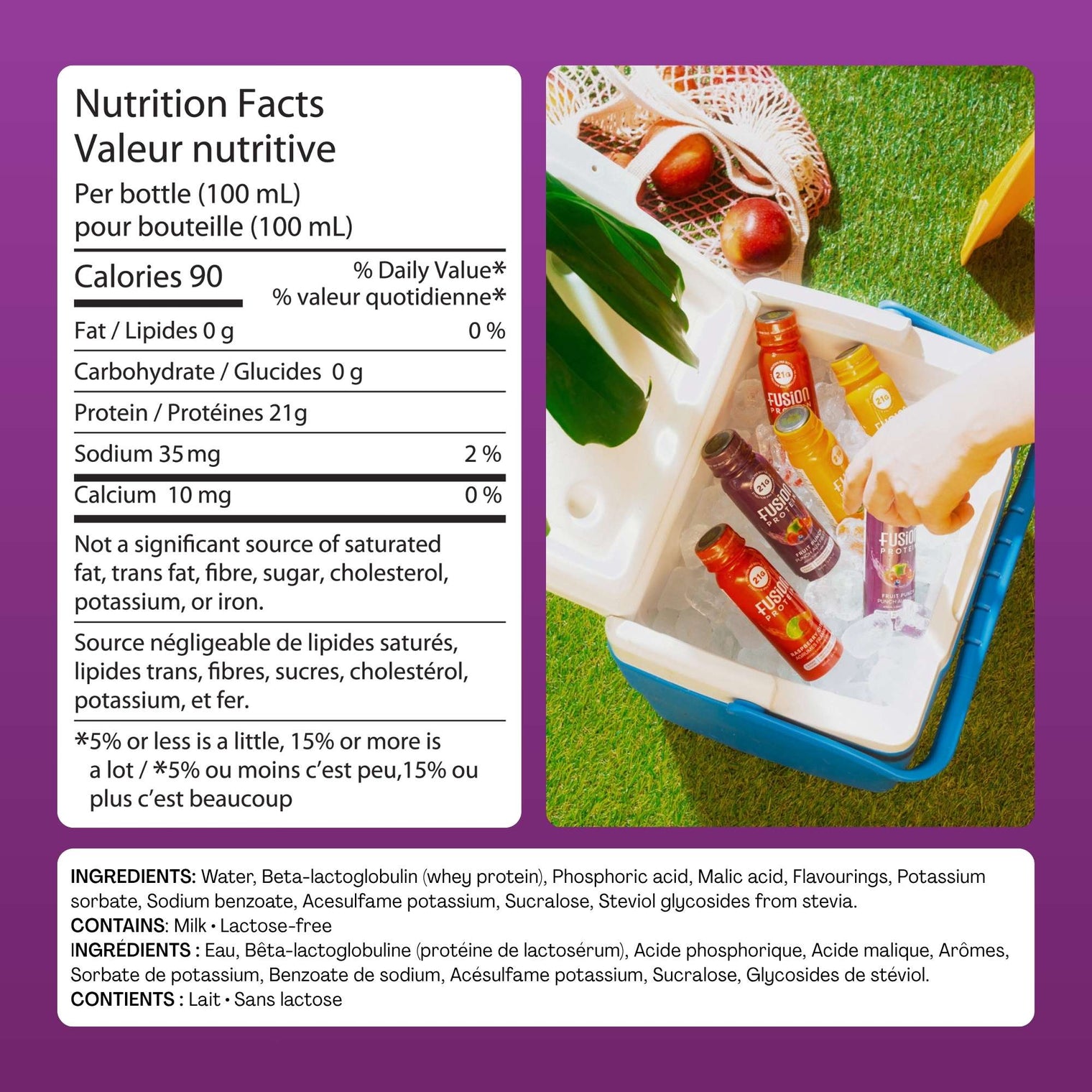 Nutrition facts and ingredients panel for Fusion Protein Fruit Punch shot